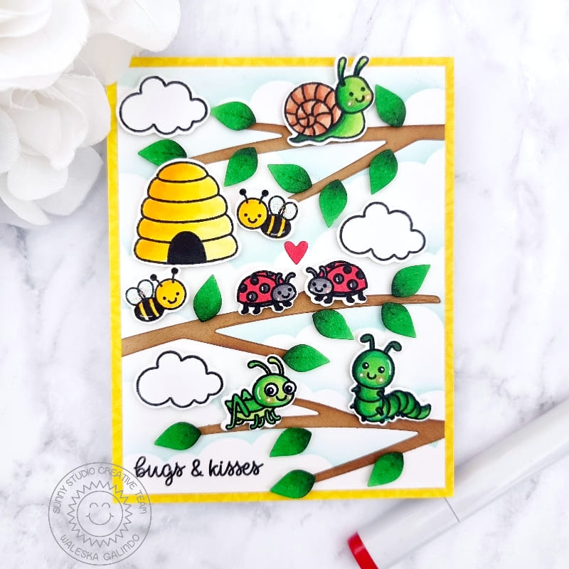 Sunny Studio Bugs, Grasshopper, Caterpillar, Honey Bees & Ladybugs in Tree Branches Card using Garden Critters Clear Stamps
