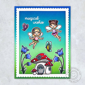 Sunny Studio Magical Wishes Fairies with Butterflies & Toadstool House Handmade Card (using Garden Fairy 4x6 Clear Stamps)