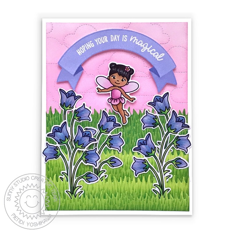 Sunny Studio Hoping Your Day is Magical Fairy with Pink Clouds & Bluebells Flowers Card (using Garden Fairy 4x6 Clear Stamps)
