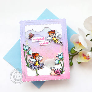Sunny Studio Fairies Sitting on Daisy with Snail & Bluebell flowers Handmade Glitter Shaker Card (using Garden Fairy 4x6 Clear Stamps)