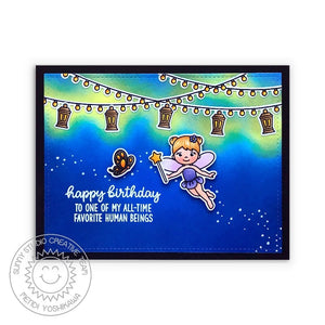 Sunny Studio Happy Birthday To One of My All-time Favorite Human Beings Fairy Pixie Dust with Lanterns Card (using Inside Greetings Birthday 4x6 Clear Stamps)
