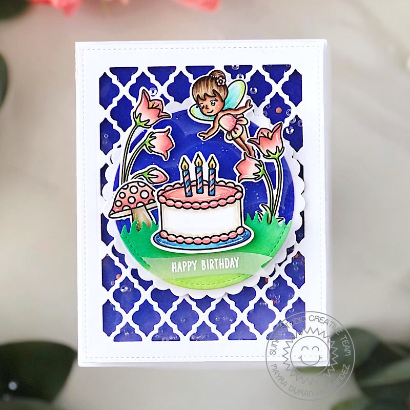 Sunny Studio Stamps Fairy with Birthday Cake Handmade Birthday Shaker Card using Scalloped Circle Mat 1 Metal Cutting Dies