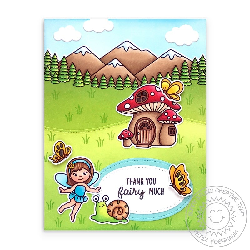 Sunny Studio Thank You Fairy Much Punny Butterfly & Toadstool House Card (using Country Scenes Mountains with Fir Trees Border Clear Stamps)