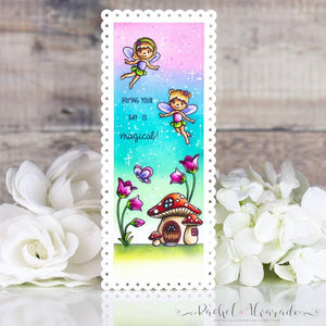 Sunny Studio Fairies with Rainbow Cotton Candy Colored Sky Handmade Scalloped Slimline Card (using Garden Fairy 4x6 Clear Stamps)