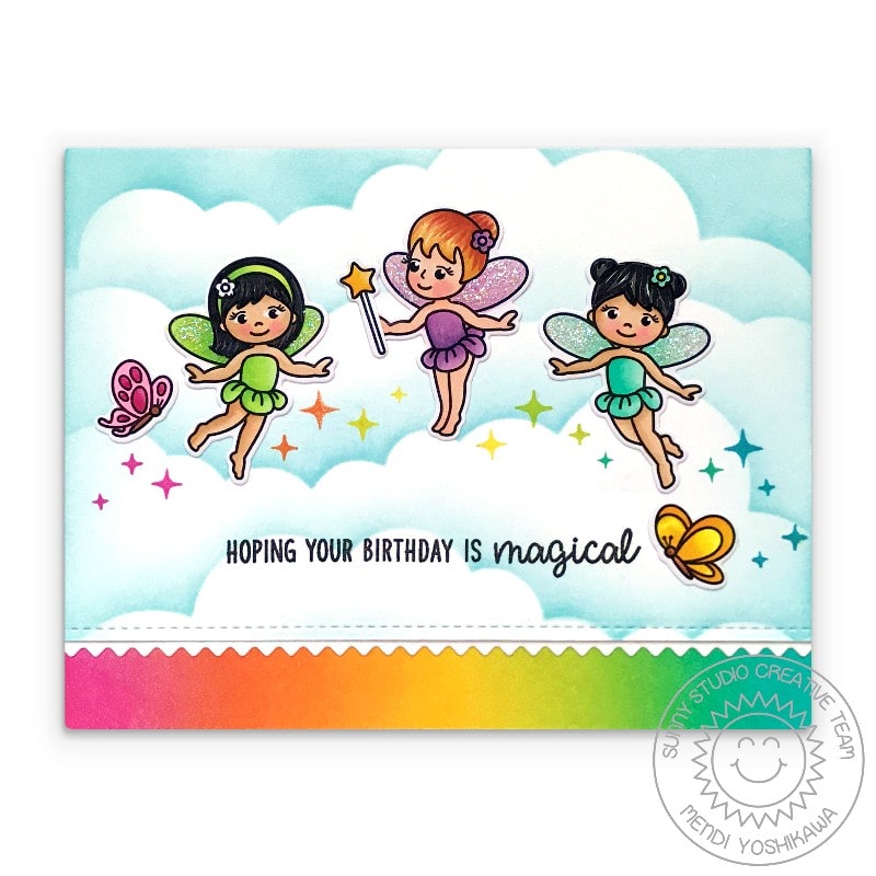 Sunny Studio Hoping Your Day is Magical Rainbow Fairy in Clouds Card (using Garden Fairy 4x6 Clear Stamps)