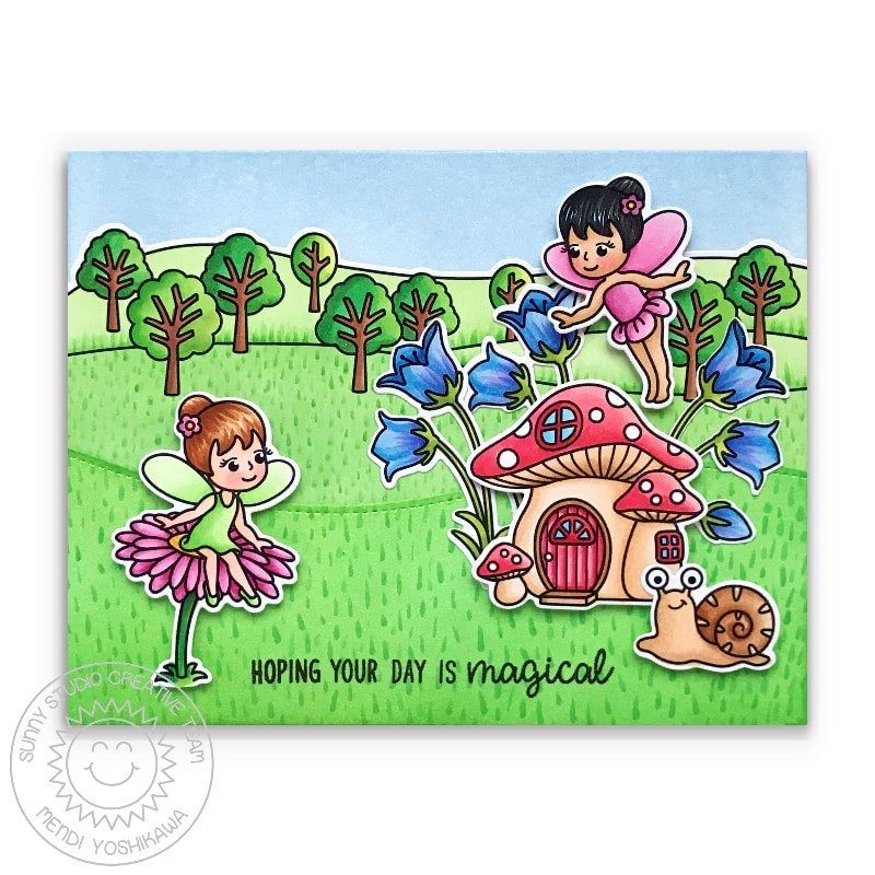 Sunny Studio Hoping Your Day is Magical Fairy Sitting On Daisy with Toadstool House Card (using Garden Fairy 4x6 Clear Stamps)