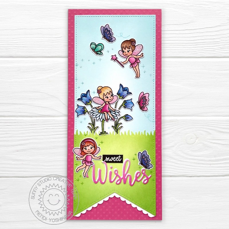 Sunny Studio Stamps Sweet Wishes Garden Fairy Fairies & Butterfly Card (using Slimline Pennant Metal Cutting Dies)