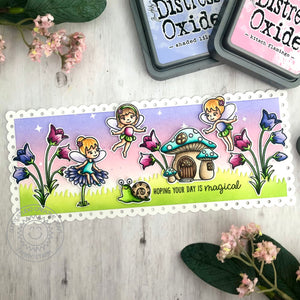 Sunny Studio Hoping Your Day Is Magical Fairies with Toadstool Mushroom House Card (using Garden Fairy 4x6 Clear Stamps)