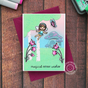 Sunny Studio Magical Birthday Wishes Fairies with Butterfly, Bluebell Flowers & Toadstool House Handmade Card (using Garden Fairy 4x6 Clear Stamps)