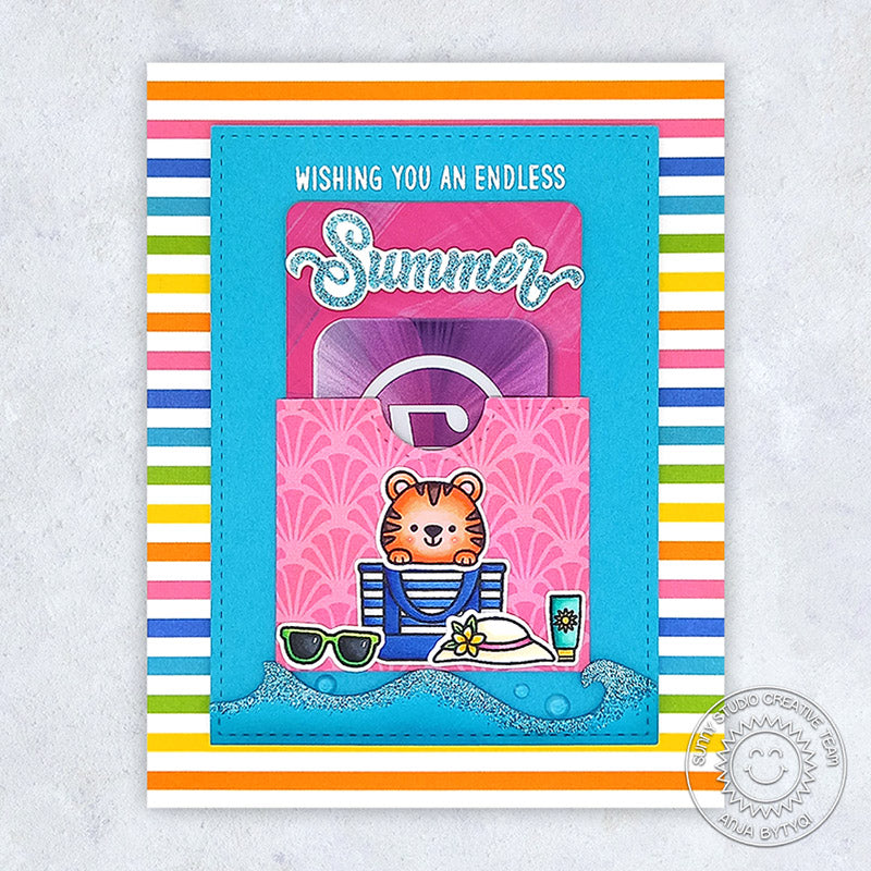 Sunny Studio Stamps Wishing You An Endless Summer Colorful Rainbow Striped Cat in Beach Bag Card using Gift Card Pocket Dies