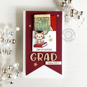 Sunny Studio Stamps Con-cat-ulations Punny Cat Themed Graduation Puns Greeting Card using Gift Card Pocket Metal Cutting Die