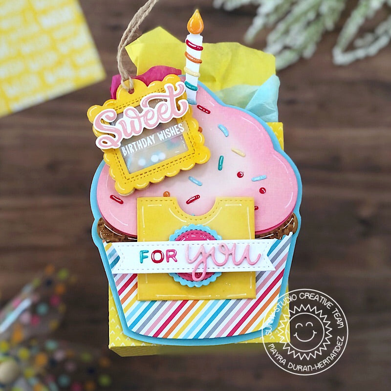 Sunny Studio Stamps Sweet Birthday Wishes Cupcake Shape Gift Bag with Rainbow Candle & Gift Card Pocket (using Metal Cutting Dies)
