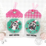 Sunny Studio Pink Scalloped Penguin in Christmas Wreaths Holiday Gift Tags (using Mini Mat & Tag 3 Cutting Dies)
