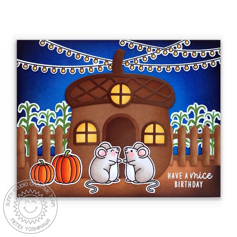 Sunny Studio Stamps Have A Mice Birthday Punny Mouse Fall Acorn House with Corn & Pumpkins Card (using Picket Fence Die)