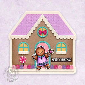 Sunny Studio Pink & Lavender Gingerbread House with Girl Holiday Card (using Christmas Cookies 2x3 Clear Stamps)