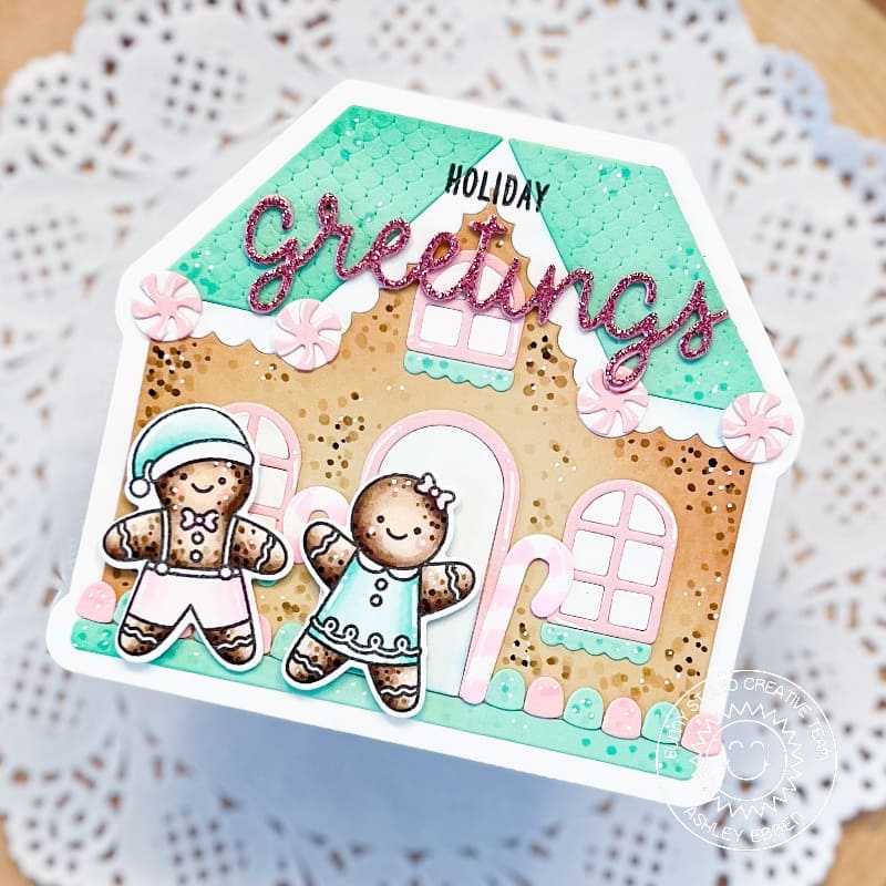 Sunny Studio Stamps Pink & Aqua Boy & Girl House Shaped Holiday Christmas Card (using Gingerbread House Metal Cutting Dies)
