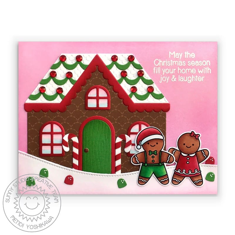 Sunny Studio Gingerbread House with Boy & Girl Holiday Christmas Card (using Icing Border Metal Cutting Dies)
