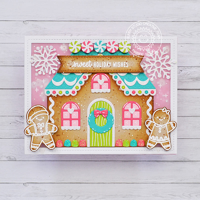 Sunny Studio Pink & Aqua Gingerbread House with Boy & Girl Holiday Card (using Christmas Cookies 2x3 Clear Stamps)