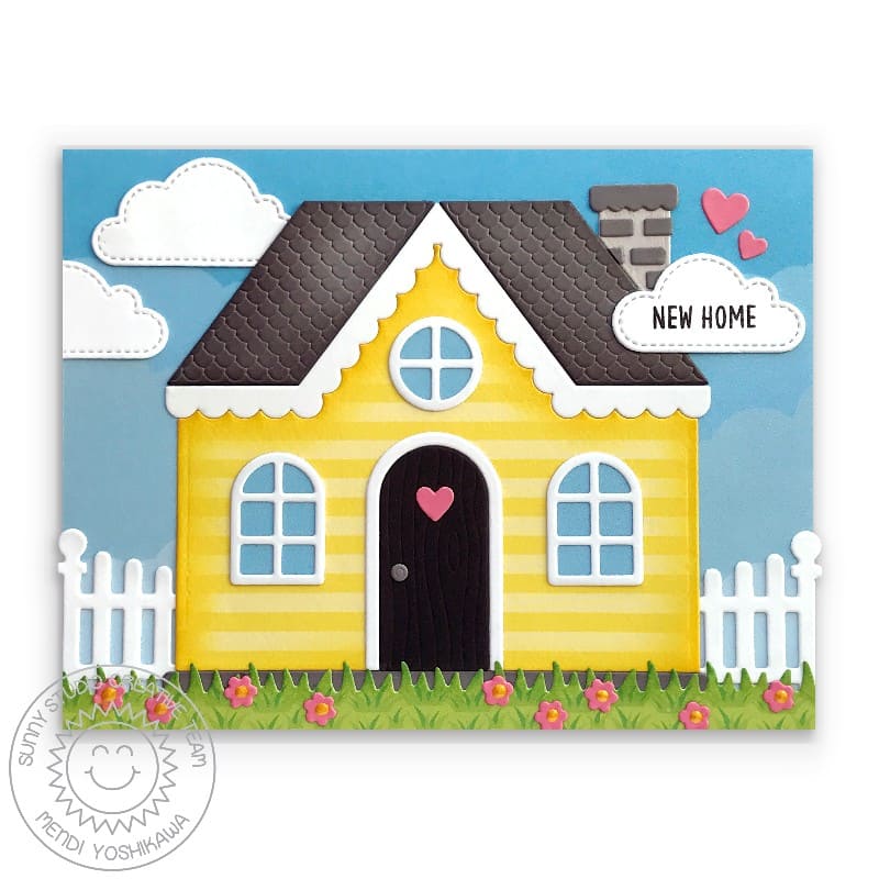 Sunny Studio Congrats on your new Home Yellow House with Picket Fence Card (using Scalloped Fence Metal Cutting Dies)