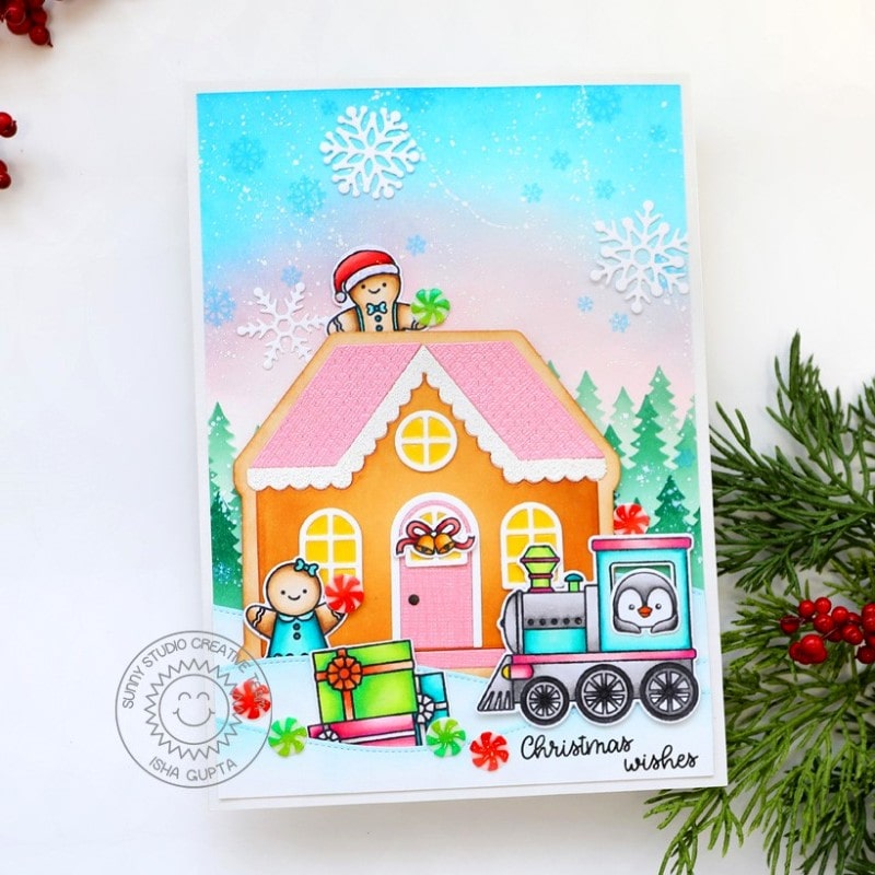 Sunny Studio Gingerbread Girl & Boy with House. Train & Snowflakes Holiday Card (using Christmas Cookies Clear Stamps)