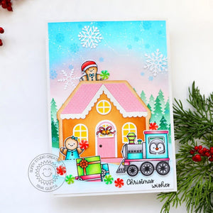 Sunny Studio Stamps Gingerbread Girl & Boy with House, Train & Snowflakes Holiday Christmas Card using Forest Trees Stencils