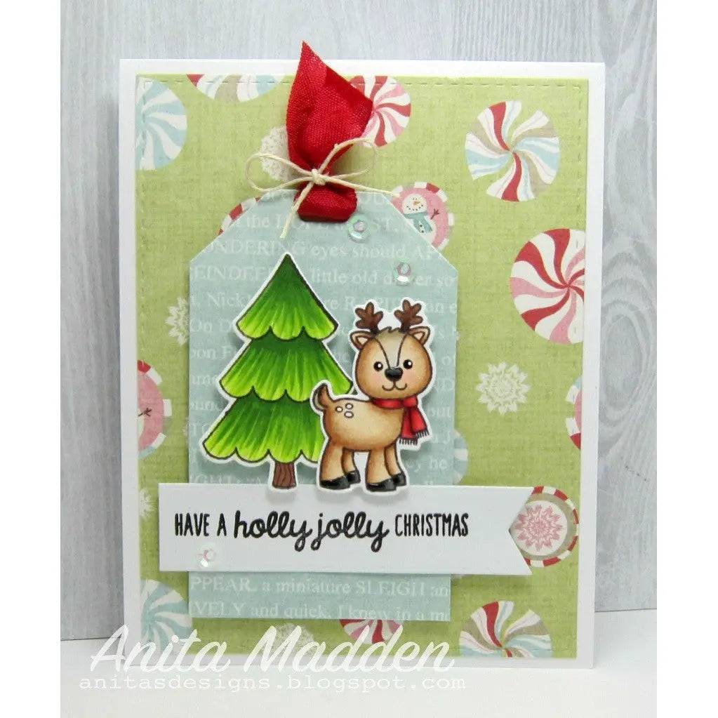 Sunny Studio Stamps Holly Jolly Reindeer Christmas Holiday Card using Tag Topper Traditional Metal Cutting Dies
