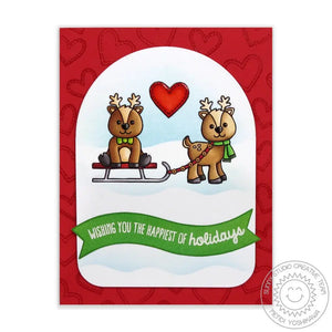 Sunny Studio Stamps Reindeer Pulling Sled Holiday Christmas Card with Snow Hill & Slopes using Wavy Border Metal Cutting Dies