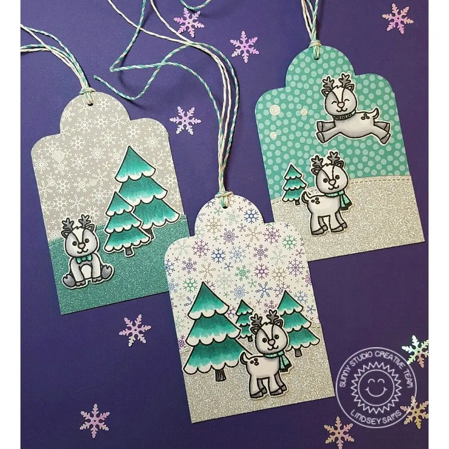 Sunny Studio Stamps Emerald Green Reindeer Christmas Holiday Gift Tags Using Tag Topper Crescent Metal Cutting Dies
