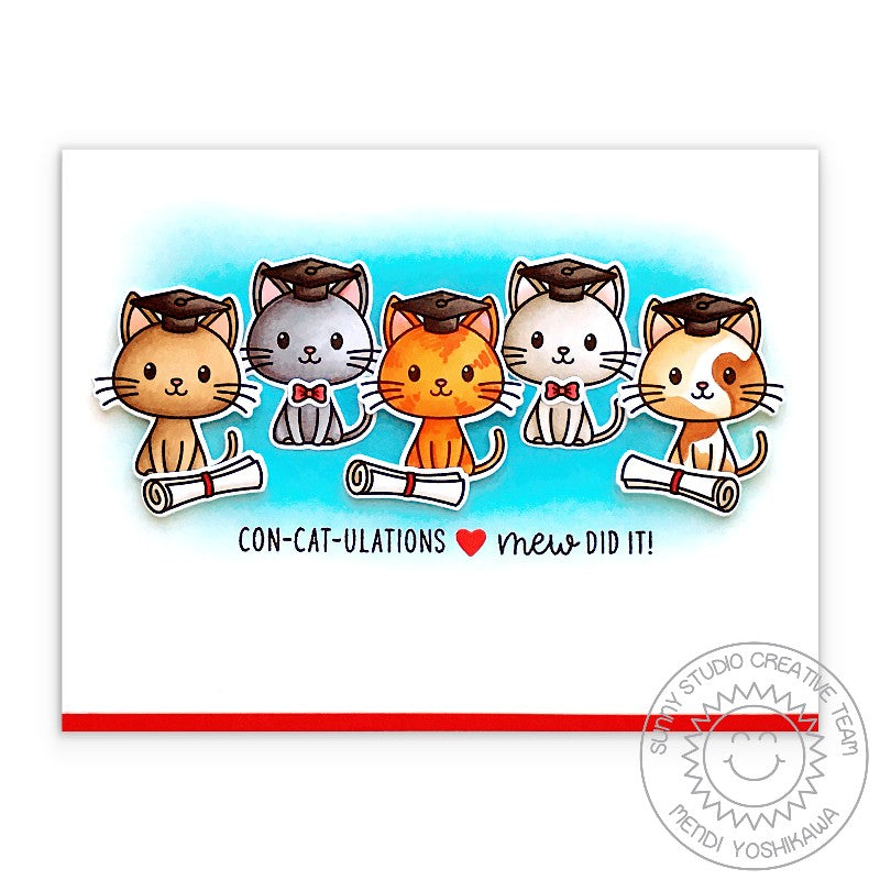 Sunny Studio 5 Kitty Cats Con-cat-ulations! Mew Did it! Punny Graduation Puns Card using Grad Cat Photopolymer Clear Stamps