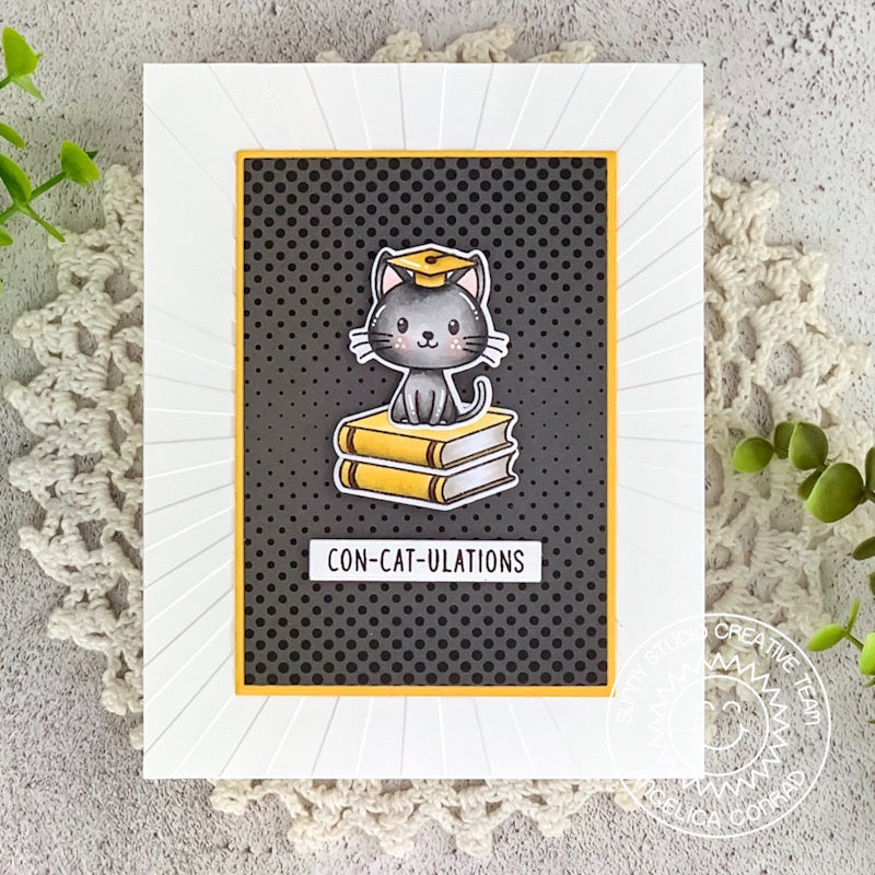 Sunny Studio Stamps Black, White & Yellow Punny Cat Graduation Handmade Card (using Heroic Halftones 6x6 Patterned Paper)