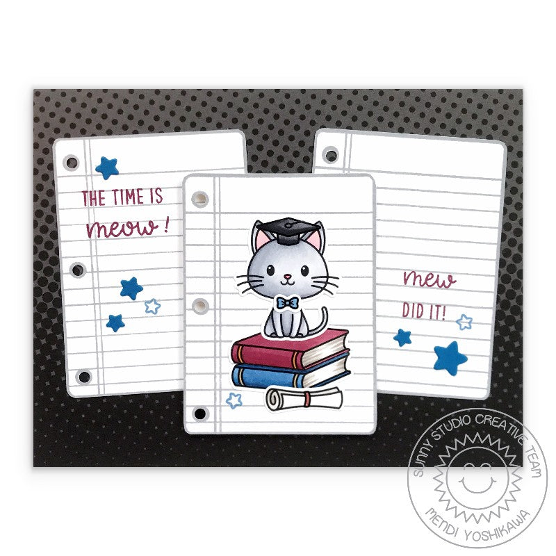 Sunny Studio The Time is Meow, Mew Did It Punny Kitty with Books & Notebook Paper Graduation Card using Grad Cat Clear Stamp