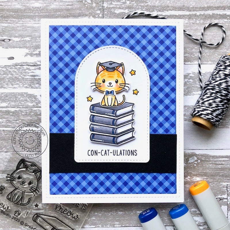 Sunny Studio Blue Gingham Congratulations Graduate Graduation Kitty Card using Grad Cat 2x3 Mini Photopolymer Clear Stamps