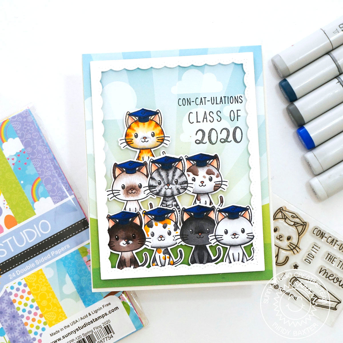 Sunny Studio Con-cat-ulations Punny Kitty Cat Pyramid Handmade Graduation Card using Grad Cat 2x3 Clear Photopolymer Stamps