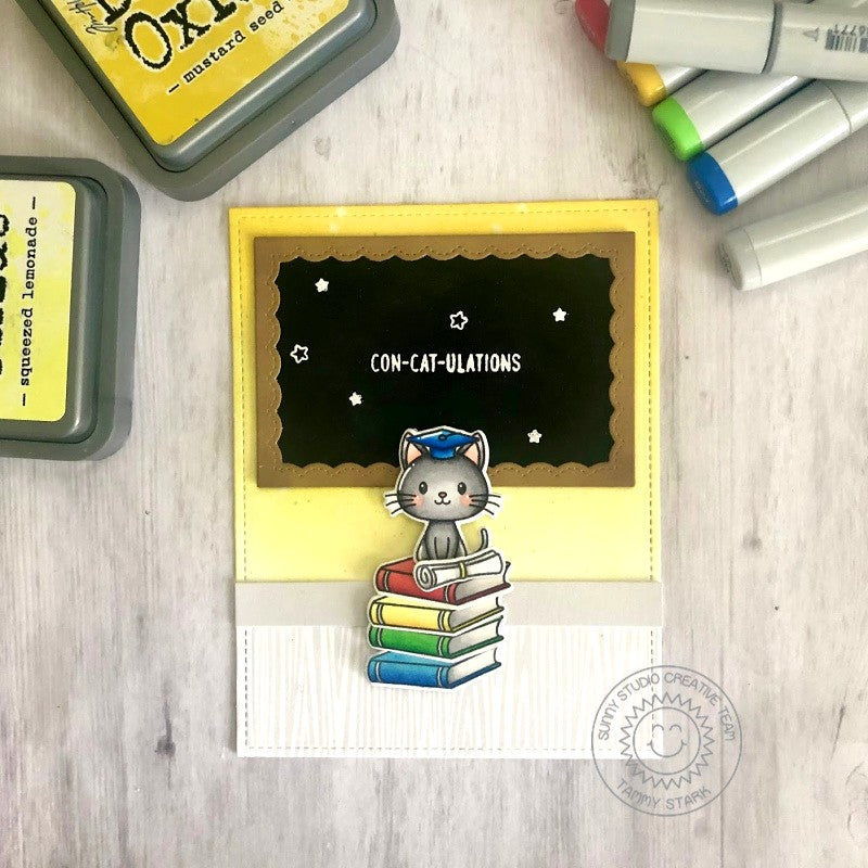 Sunny Studio Stamps Kitty Cat with Chalkboard Graduation Handmade Card using Grad Cat Mini 2x3 Clear Photopolymer Stamp Set