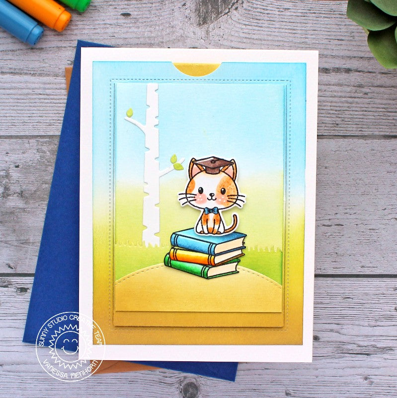 Sunny Studio Kitty Cat with Spring Birch Tree Handmade Graduation Card using Grad Cat Mini 2x3 Clear Photopolymer Stamps