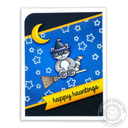 Sunny Studio Stamps Halloween Cuties Happy Hauntings Raccoon Witch on Broomstick Card
