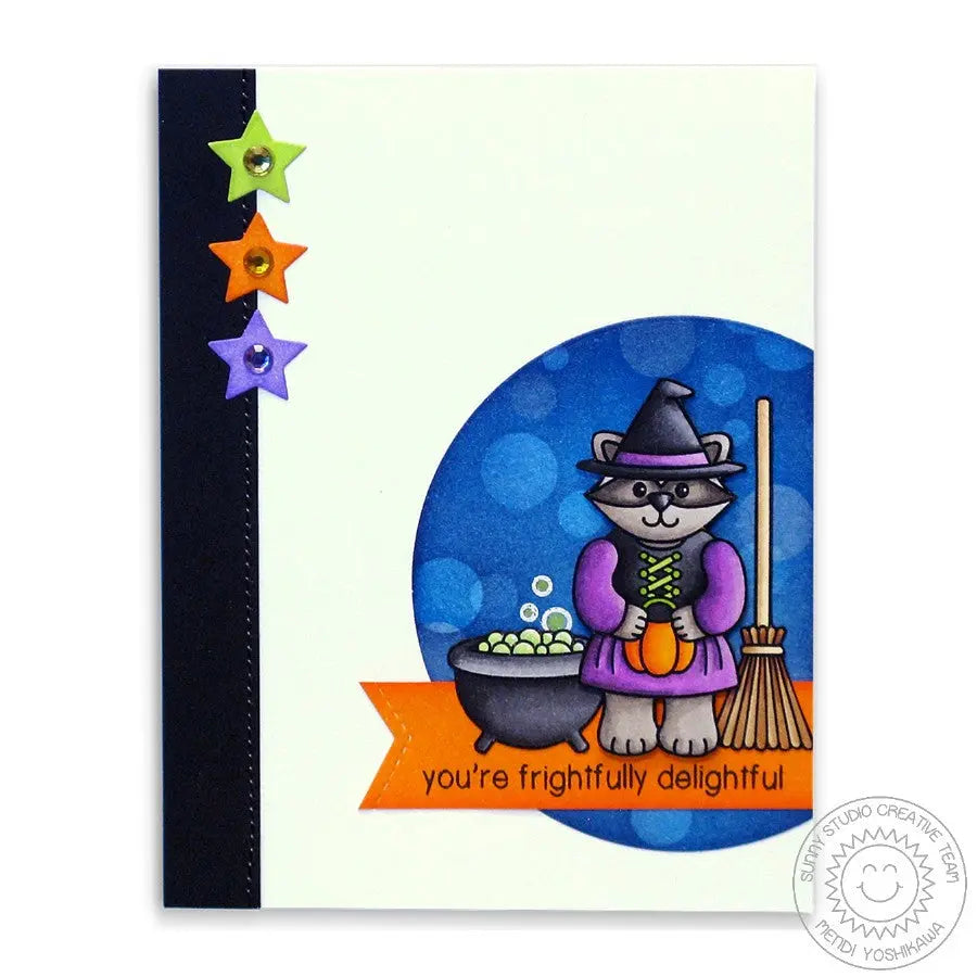 Sunny Studio Stamps Halloween Cuties Racoon Witch With Caldron & Broomstick Card
