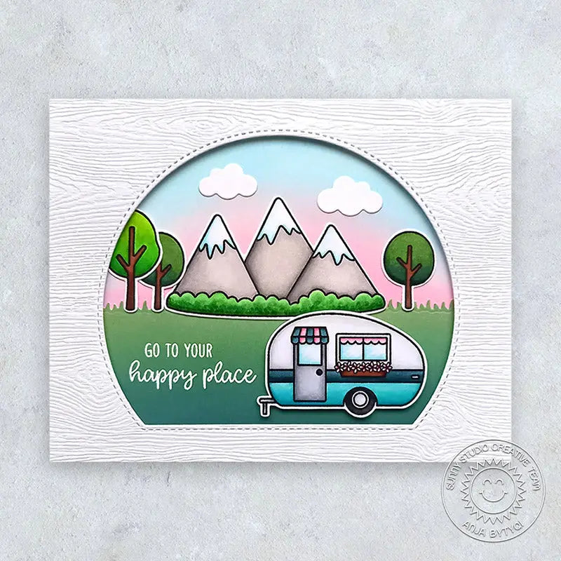 Sunny Studio Go To Your Happy Place Retro Camping Trailer with Mountains Scene Card (using Happy Camper 2x3 Clear Stamps)