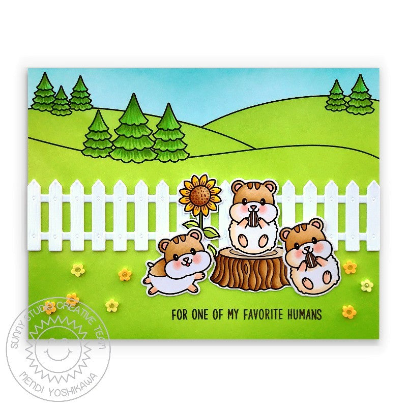 Sunny Studio For One of My Favorite Humans Sunflower & Picket Fence Card (using Happy Hamsters 3x4 Clear Stamps)