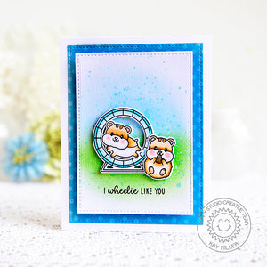 Sunny Studio Blue Polka-dot I Wheelie Like You Punny Card by Kay Miller (using Happy Hamsters 3x4 Clear Stamps)