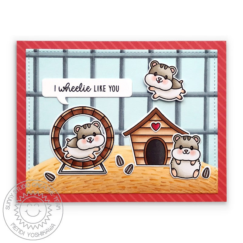 Sunny Studio: I Wheelie Like You Punny Hamster on Wheel in Cage Handmade Card (using Happy Hamsters 3x4 Clear Stamps)