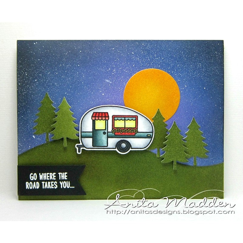 Sunny Studio Stamp Happy Camper Card using bonus fir tree dies