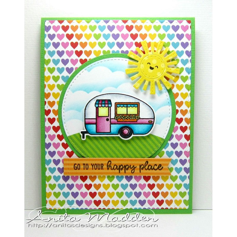 Sunny Studio Stamps Go To Your Happy Place Camper Card using Rainbow Bright 6x6 Patterned Paper Pack