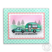 Sunny Studio Happy Camper Card featuring Fancy Frames Stitched Scallop Rectangle Dies