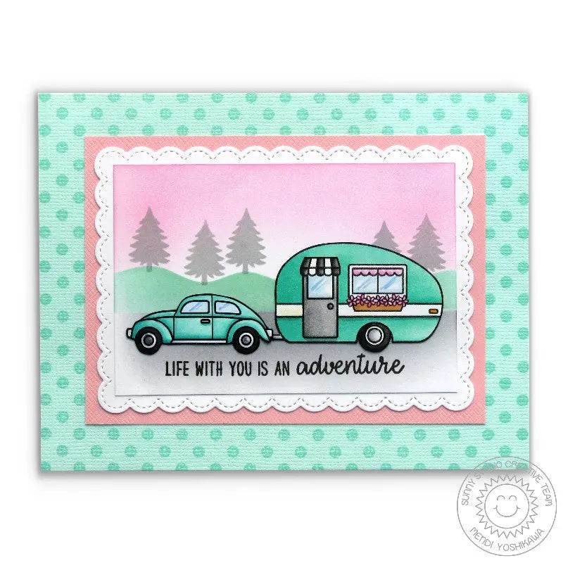 Sunny Studio Stamps Happy Camper 1950's Retro Aqua Trailer Glamping Life With You is An Adventure Card