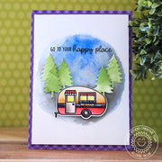 Sunny Studio Watercolor Retro Camper Card featuring Evergreen Fir Trees from Camper Camper Die set