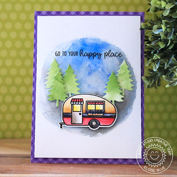 Sunny Studio Watercolor Retro Camper Card featuring Evergreen Fir Trees from Camper Camper Die set