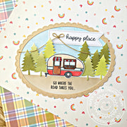 Sunny Studio Stamp Happy Camper Card using bonus evergreen tree dies