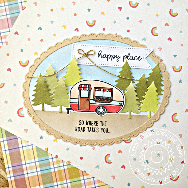 Sunny Studio Stamp Happy Camper Card using bonus evergreen tree dies