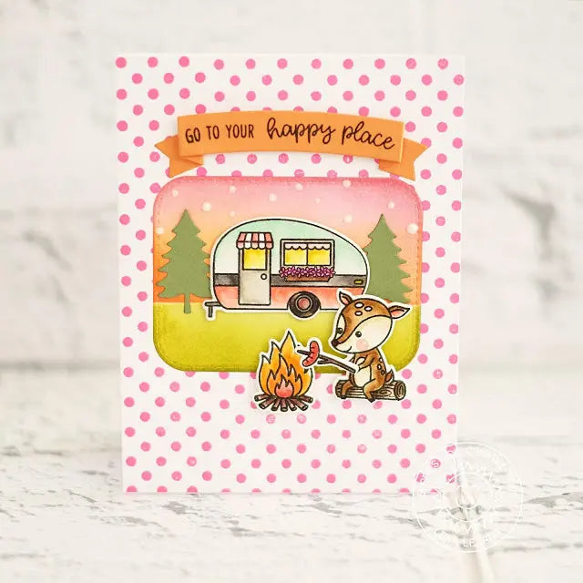 Sunny Studio Stamps Happy Camper Card featuring pink polka-dot background